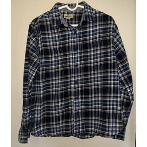 Woolrich blue plaid flannel long sleeve button down women's Large Pockets Cotton